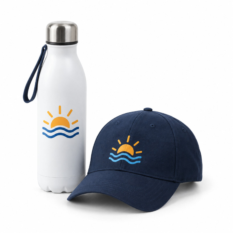 Zomerpakket met bedrukte waterflessen en petten