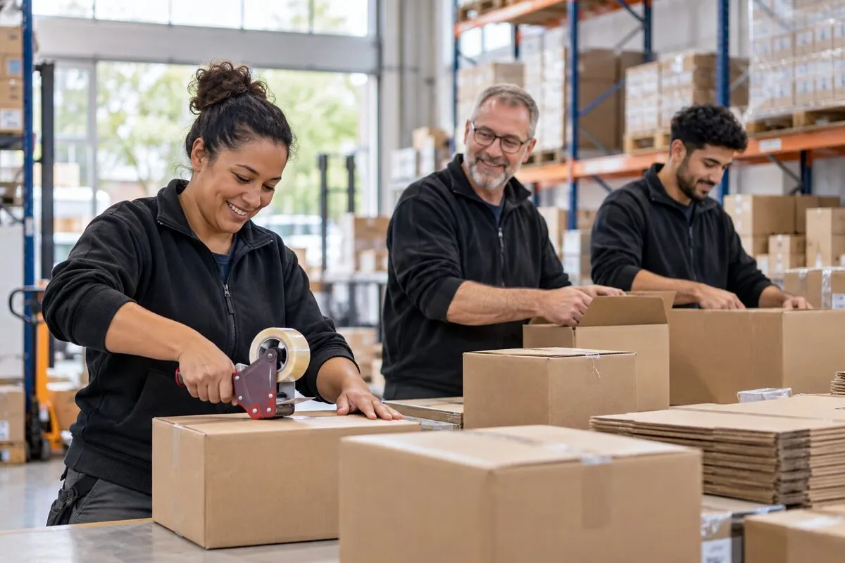 Medewerkers werken samen in een magazijn.